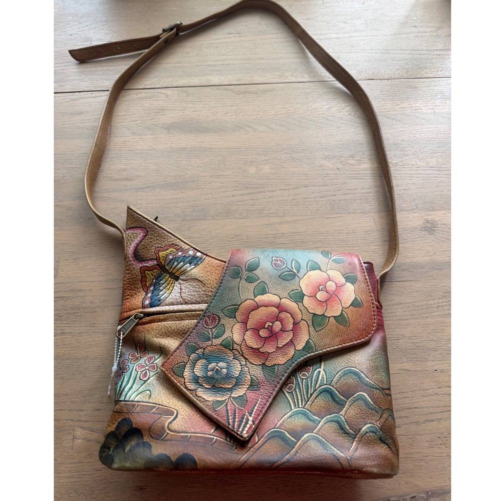 Anuschka Hand Painted Leather Crossbody Bag Butterfly Floral Asymmetric Tan